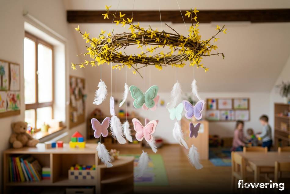 Wiosenne mobilki z gałązek forsycji i pastelowych motyli z filcu