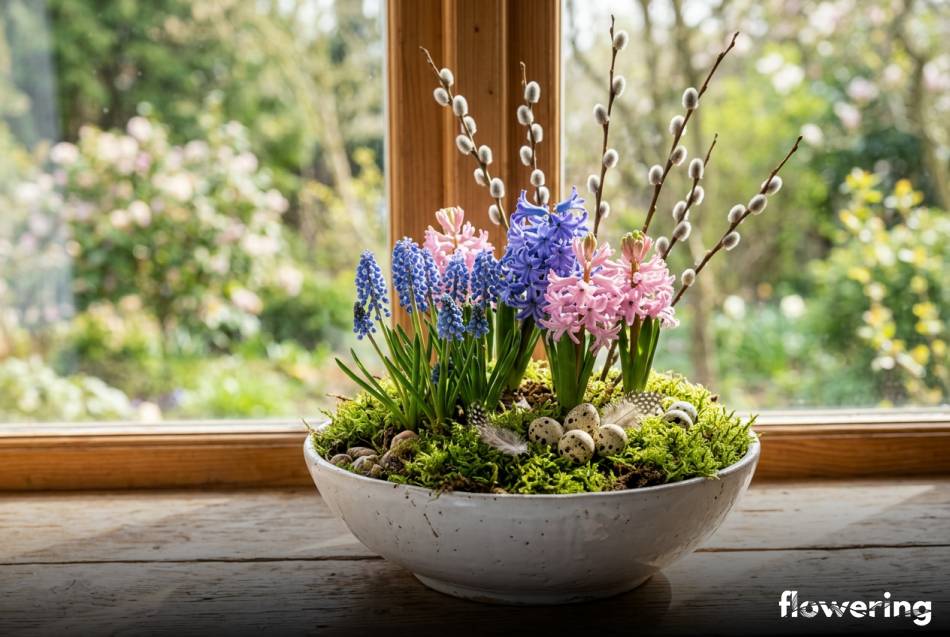 Wiosenny stroik z hiacyntami i mchem w ceramicznej misie