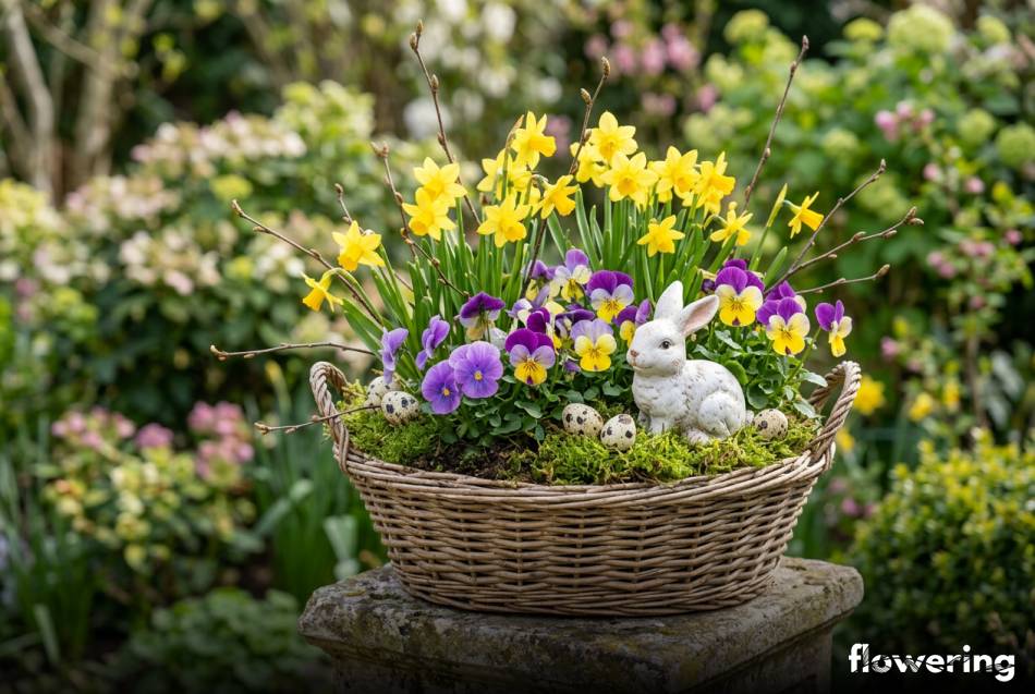 Wiosenny stroik z narcyzami i bratkami w wiklinowym koszu