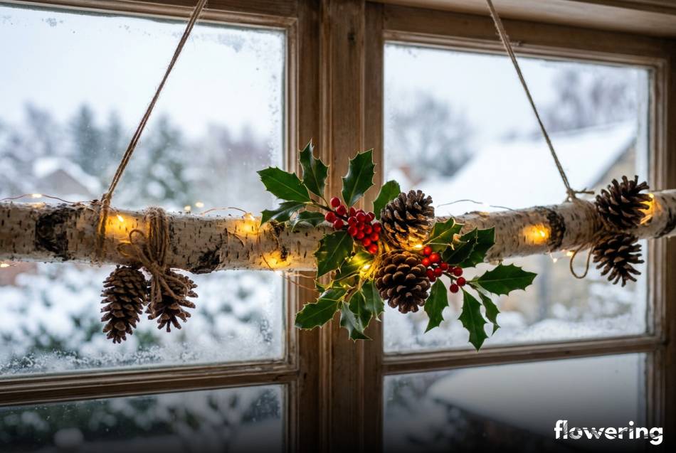 Wisząca gałąź z szyszkami i ostrokrzewem w oknie