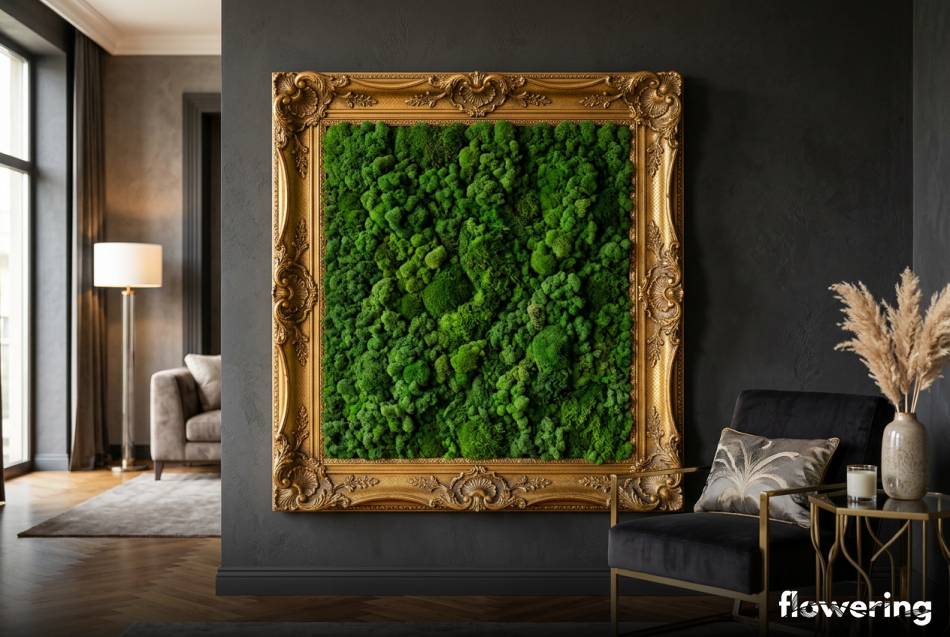 Zielony mech chrobotek w eleganckiej złotej ramie na ścianie