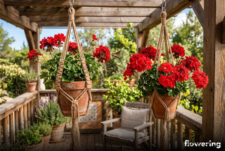 Wiszące kwietniki ze sznurka jutowego z czerwonymi pelargoniami