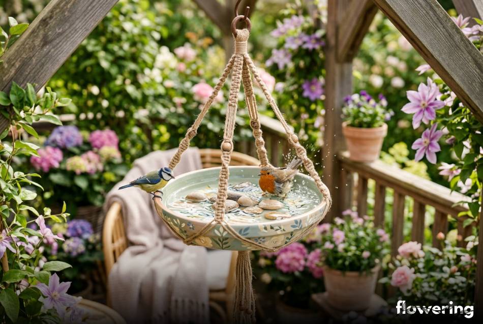 Wiszące poidełko dla ptaków z glinianej podstawki