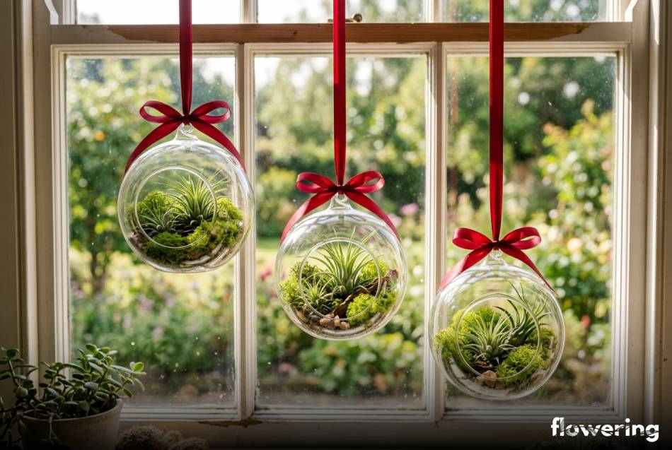 Wiszące szklane kule z mchem chrobotkiem i oplątwami na oknie
