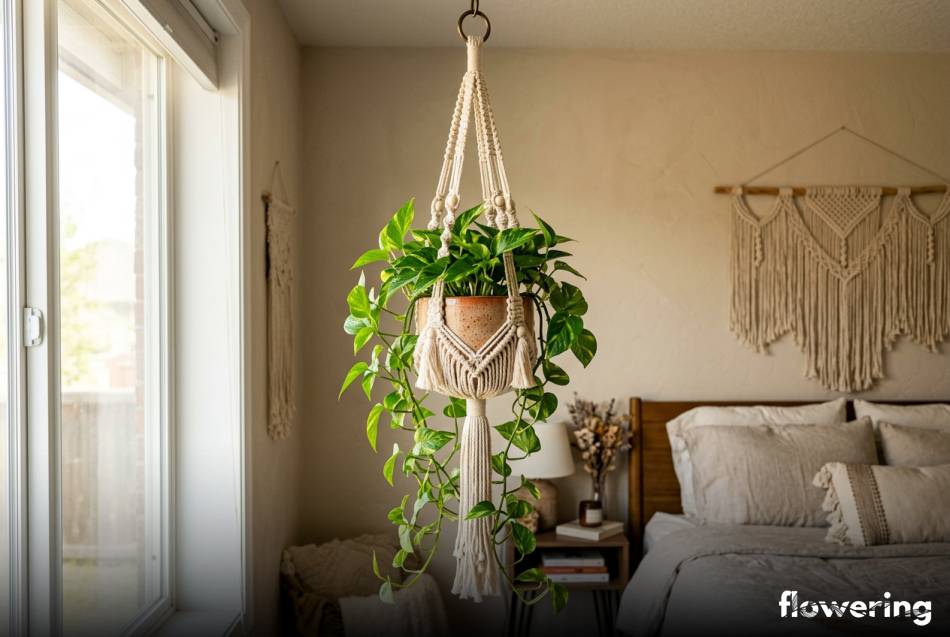 Wiszacy kwietnik z makramy z epipremnum zlocistym