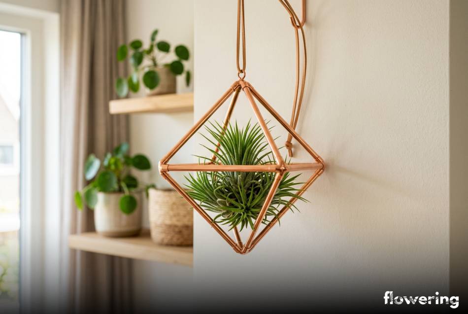 Geometryczny kwietnik z rurek miedzianych z zieloną oplątwą