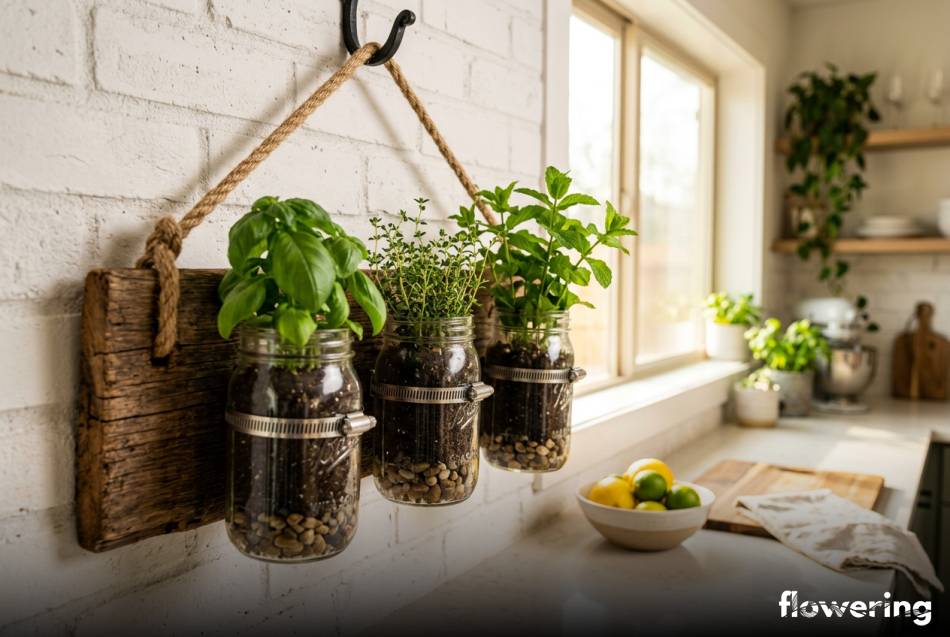 Drewniany wiszący zielnik ze słoików ze świeżymi ziołami