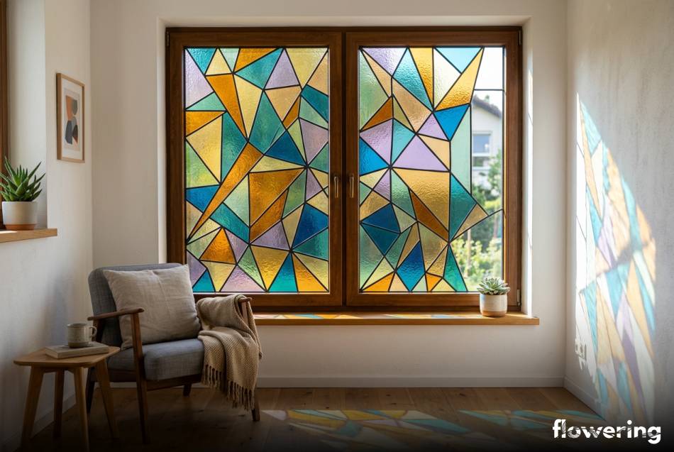 Kolorowy witraż geometryczny z farb do szkła na oknie