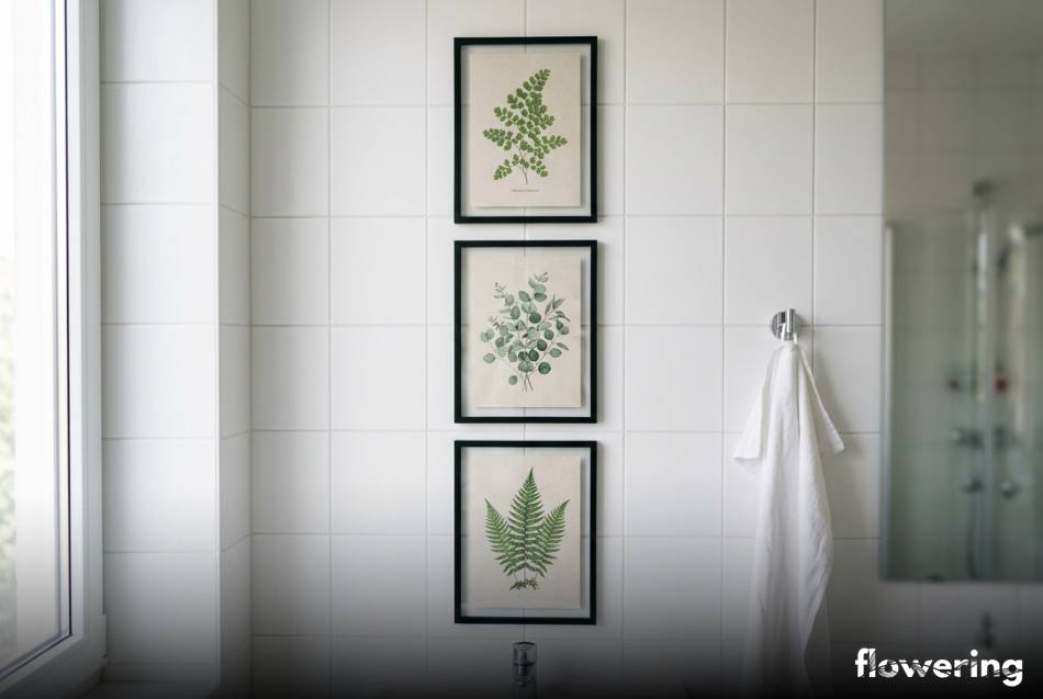 Wodoodporna galeria plakatów botanicznych na ścianie w łazience