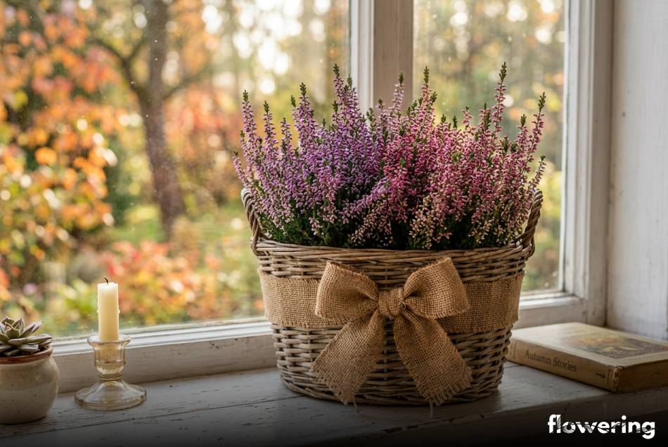 Fioletowe wrzosy w wiklinowym koszyku z jutową wstążką