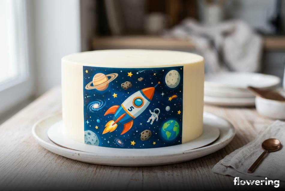 Tort z jadalnym wydrukiem cukrowym na gładkim tynku z białej czekolady