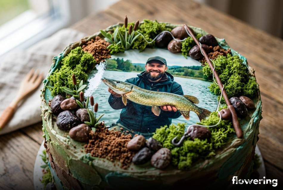 Jadalne zdjęcie wędkarza z rybą na papierze cukrowym na torcie
