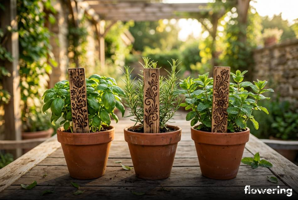 Wypalane w drewnie tabliczki do ziół na tarasie