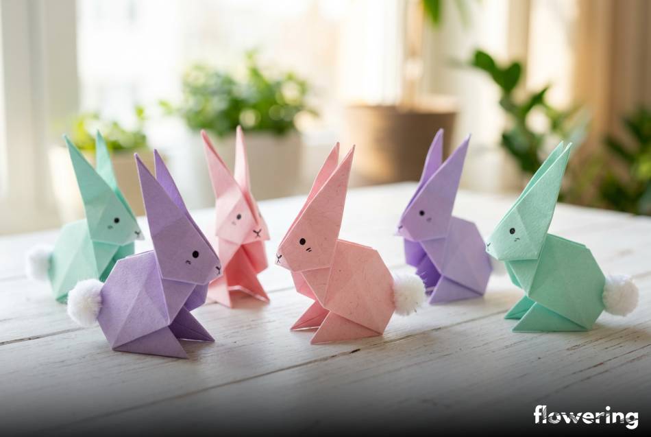 Kolorowe zajączki origami z papieru na wielkanocnym stole