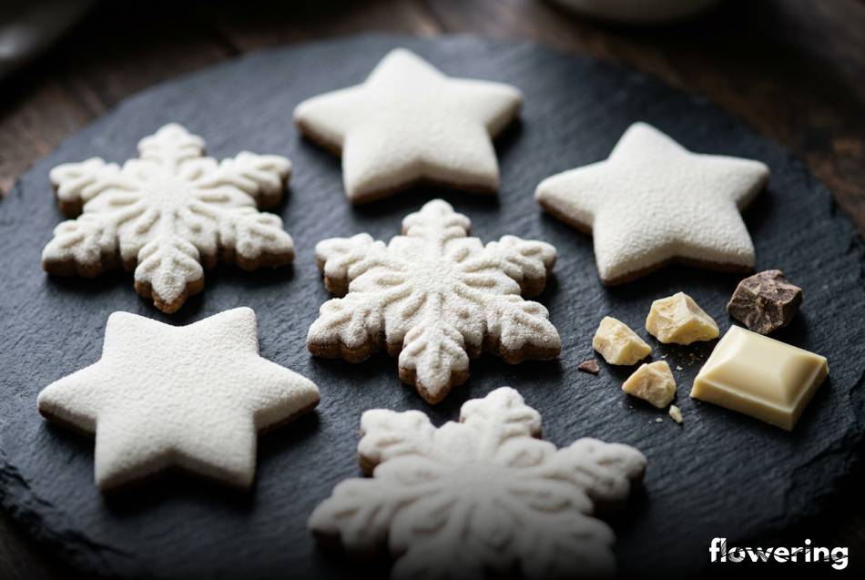 Pierniki w kształcie gwiazdek pokryte białym zamszem cukierniczym