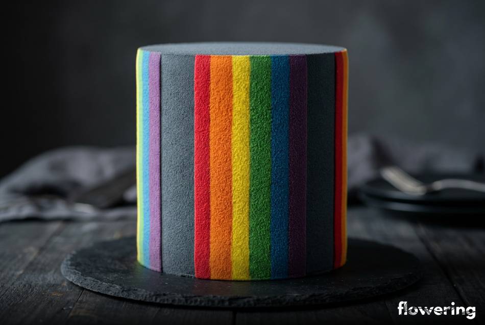 Matowy tort tęczowy z teksturą jadalnego zamszu w pasach