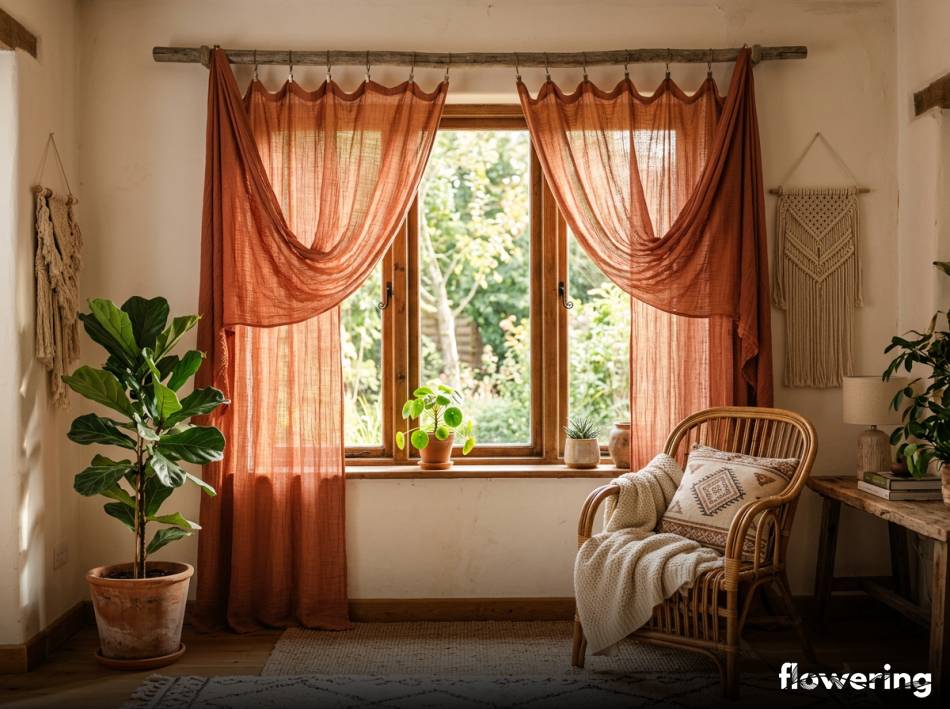 Ceglaste zasłony z barwionej gazy w stylu boho