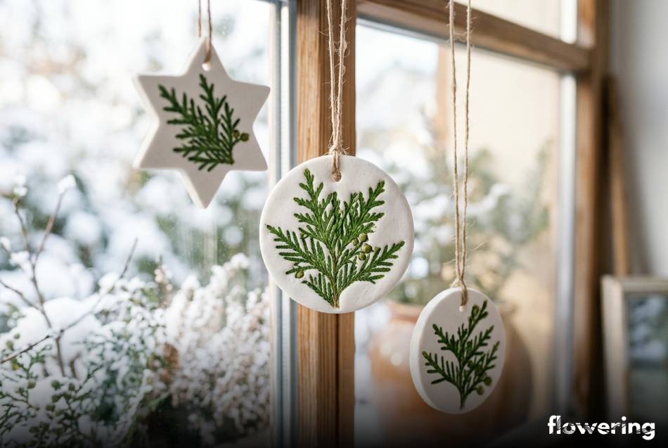 Białe zawieszki z masy solnej z odbitą tują