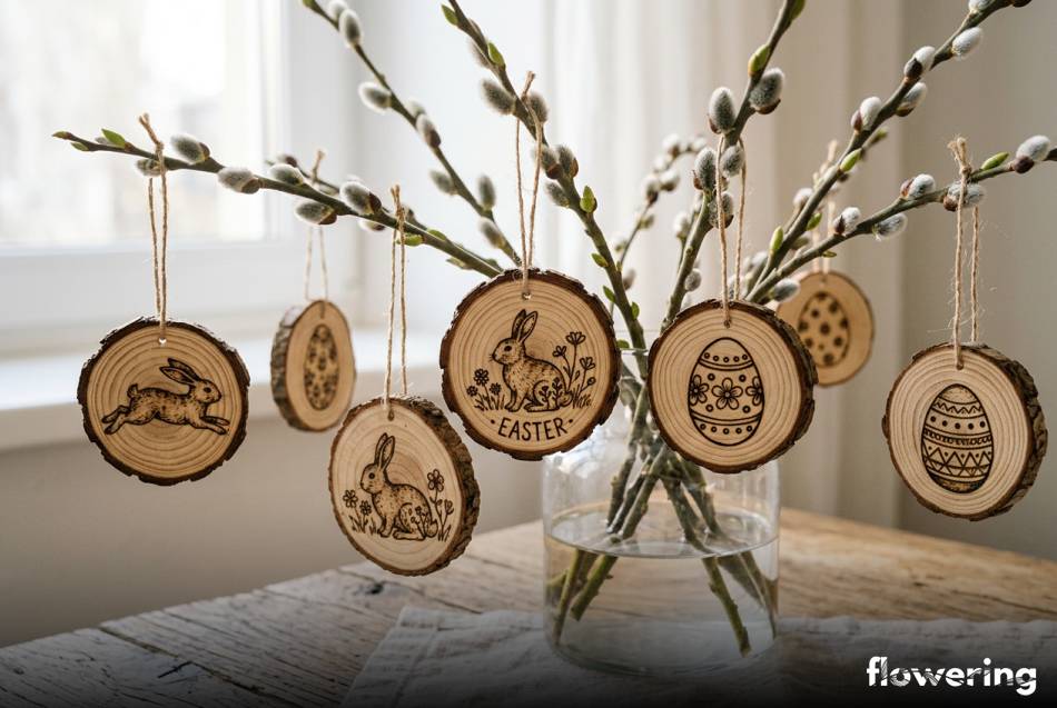 Drewniane zawieszki z wypalanym wzorem na gałązkach bazi