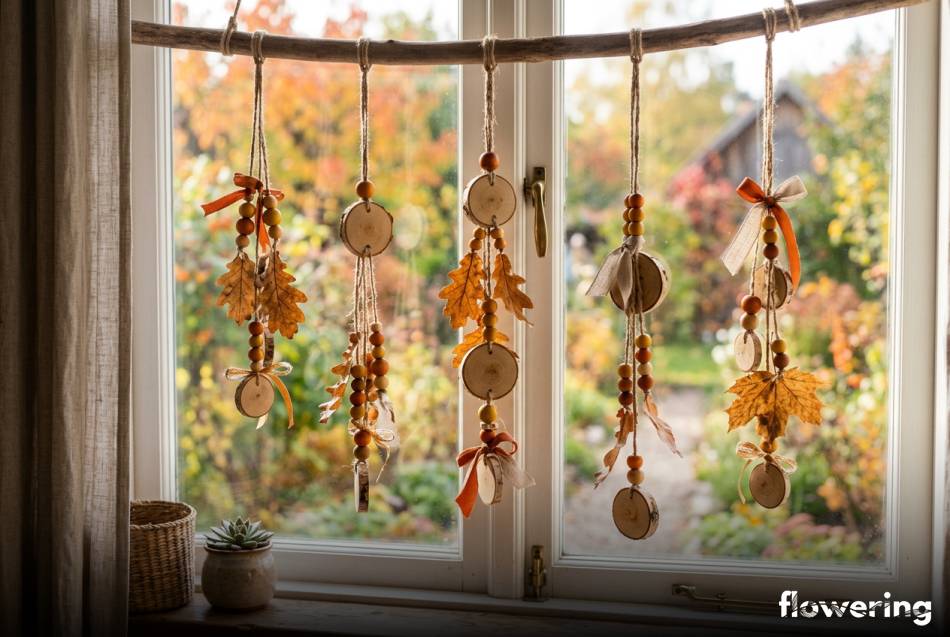 Jesienne zawieszki z plastrów drewna i koralików w oknie
