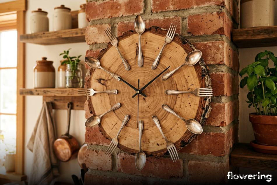 Zegar ścienny z plastra drewna i starych sztućców