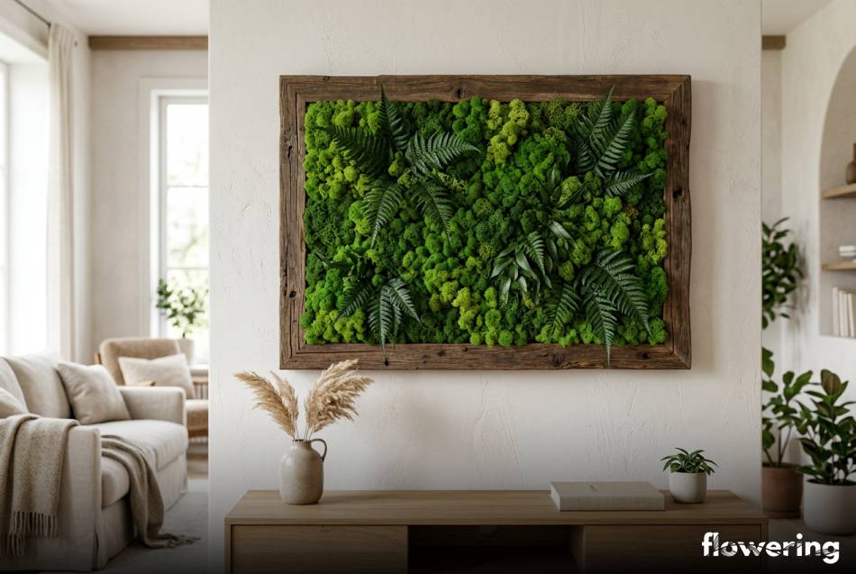 Obraz z mchu chrobotka i paproci w ramie