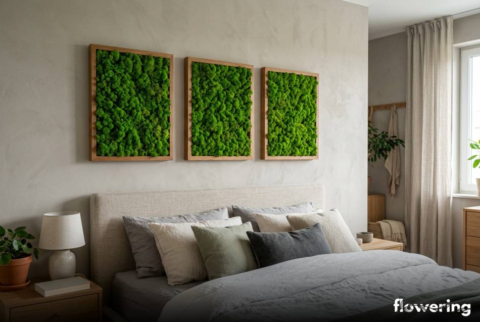 Zielone ramki z mchem chrobotkiem na ścianie sypialni