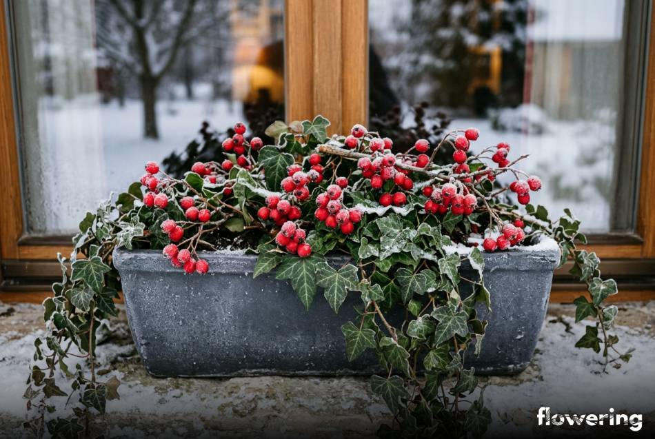 Podłużna donica z bluszczem i czerwonymi owocami głogu