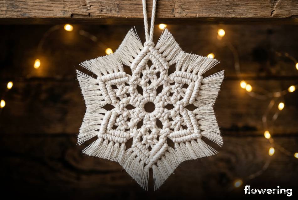 Biała śnieżynka z makramy z błyszczącą nicią i wyczesanymi brzegami