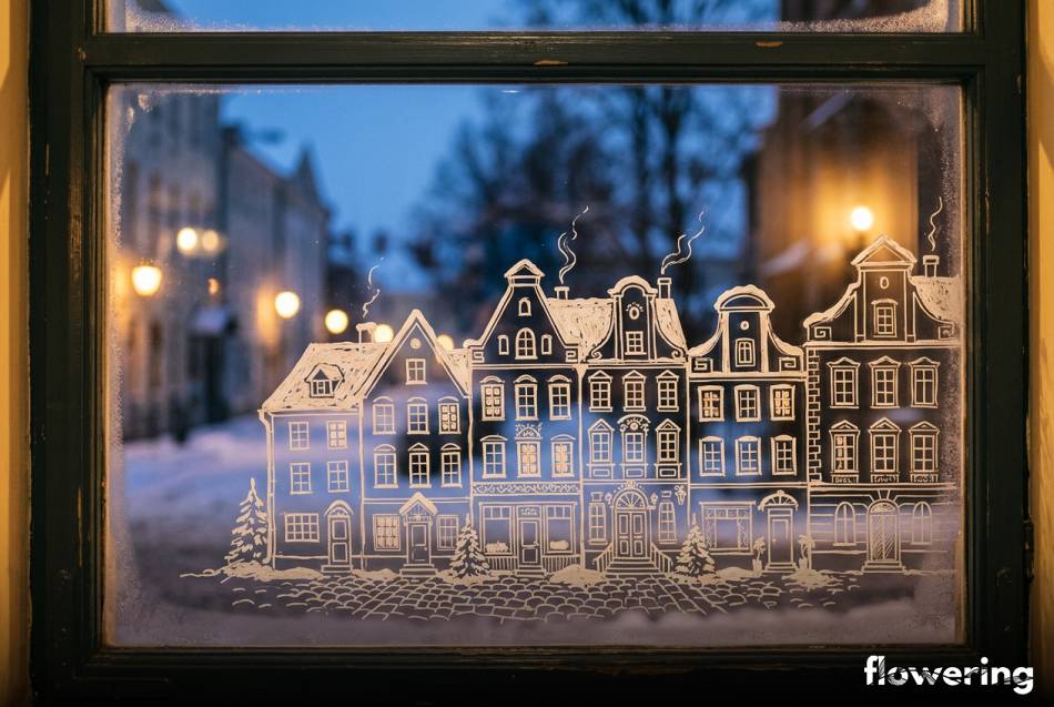 Zimowe kamieniczki namalowane białym pisakiem kredowym na szybie okiennej