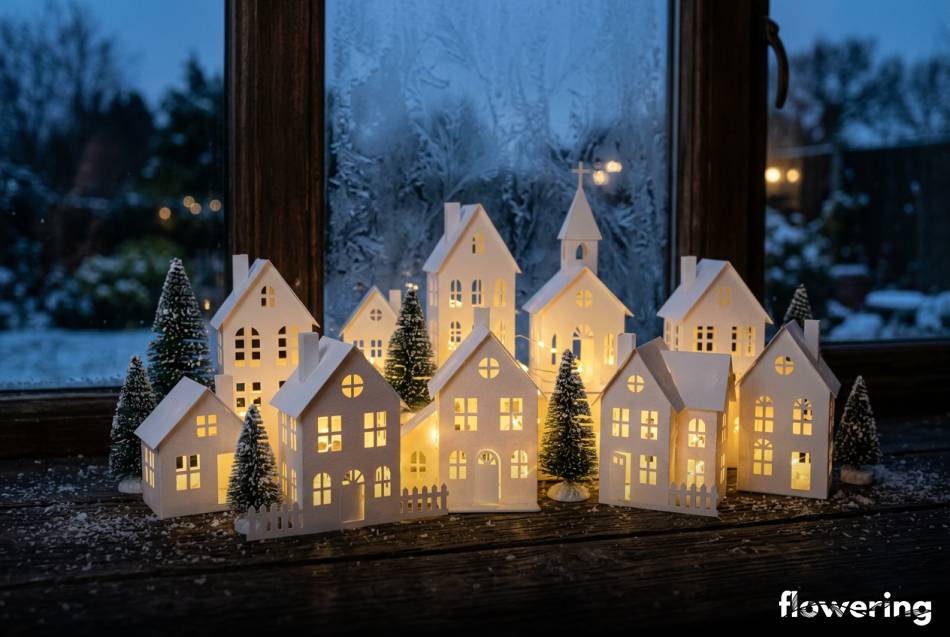 Białe papierowe miasteczko z podświetleniem LED na zimowym parapecie