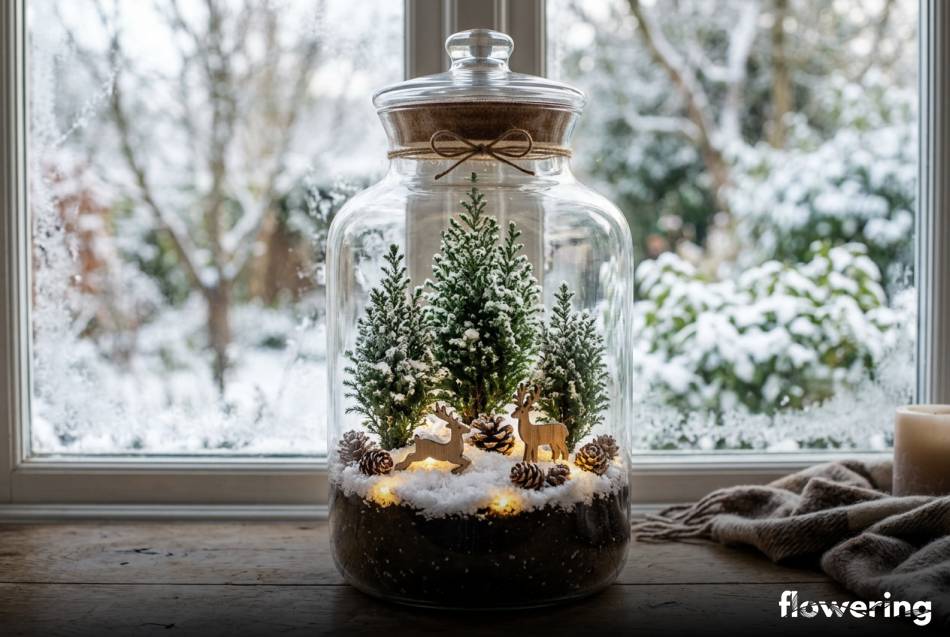 Zimowy las w szkle z miniaturowymi cyprysikami i sztucznym sniegiem