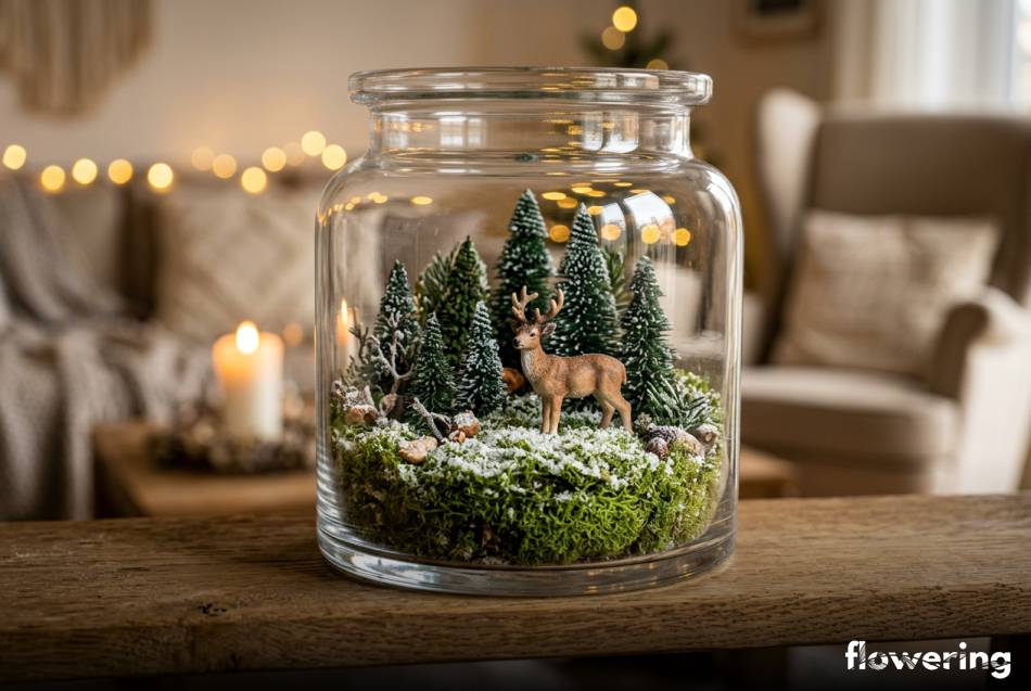 Zimowy las w słoiku z mchem i figurką jelenia