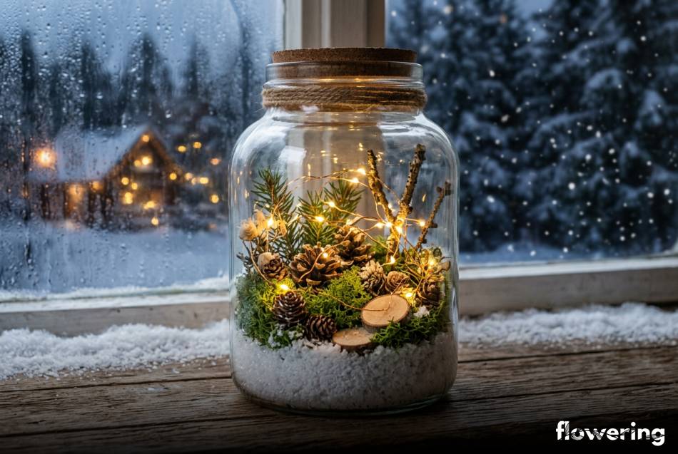 Zimowy las w szkle z mchem szyszkami i podświetleniem led