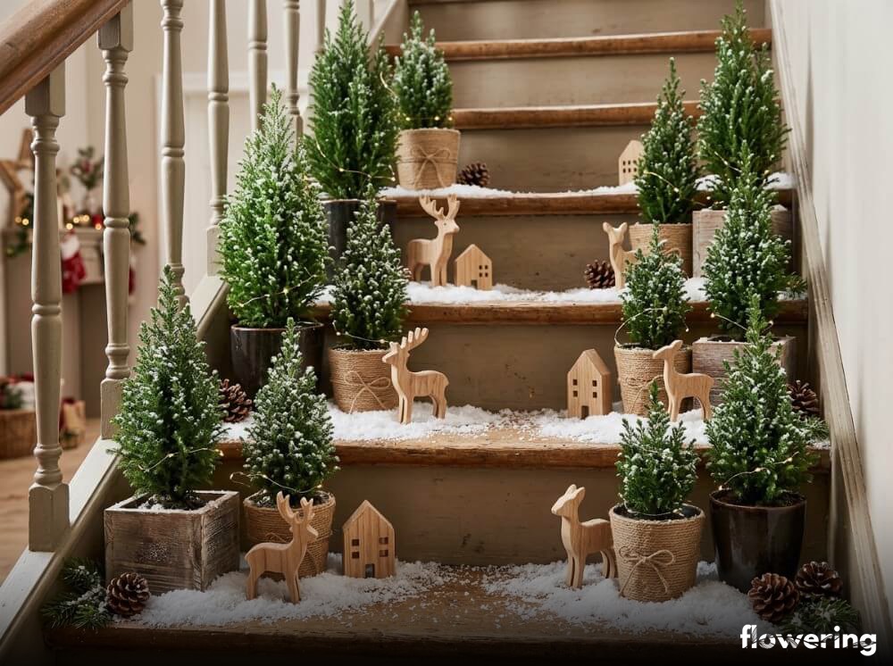 Zimowy las z mini-choinkami w doniczkach, sztucznym śniegiem i drewnianymi figurkami