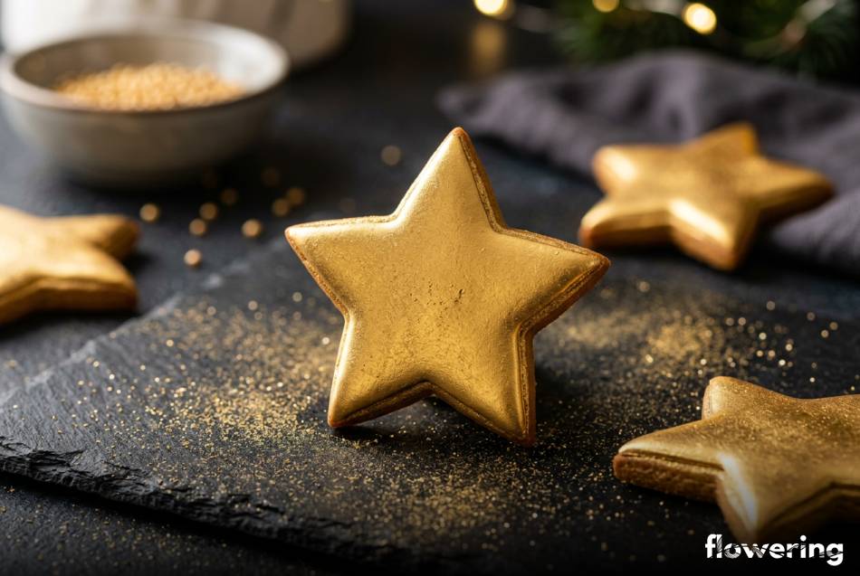 Złote pierniki świąteczne z metalicznym blaskiem malowane aerografem