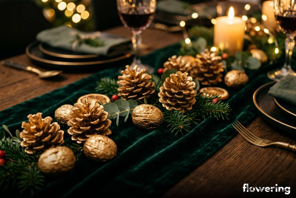 Złocone szyszki i orzechy włoskie na zielonym welurowym bieżniku