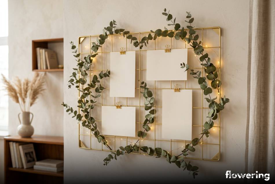 Złota kratka moodboard z eukaliptusem i światełkami na ścianie