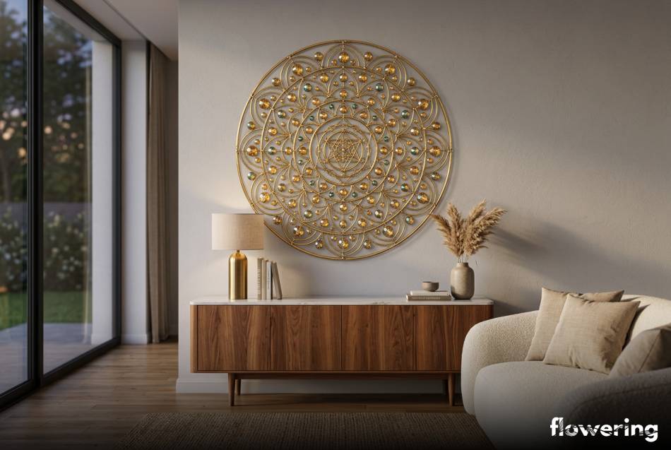 Złota mandala z mosiężnych prętów i szklanych koralików