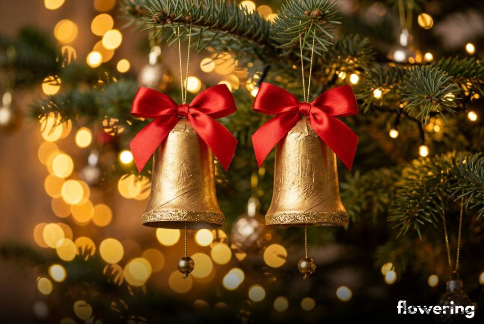 Złote dzwoneczki z rolek po papierze z czerwoną kokardą