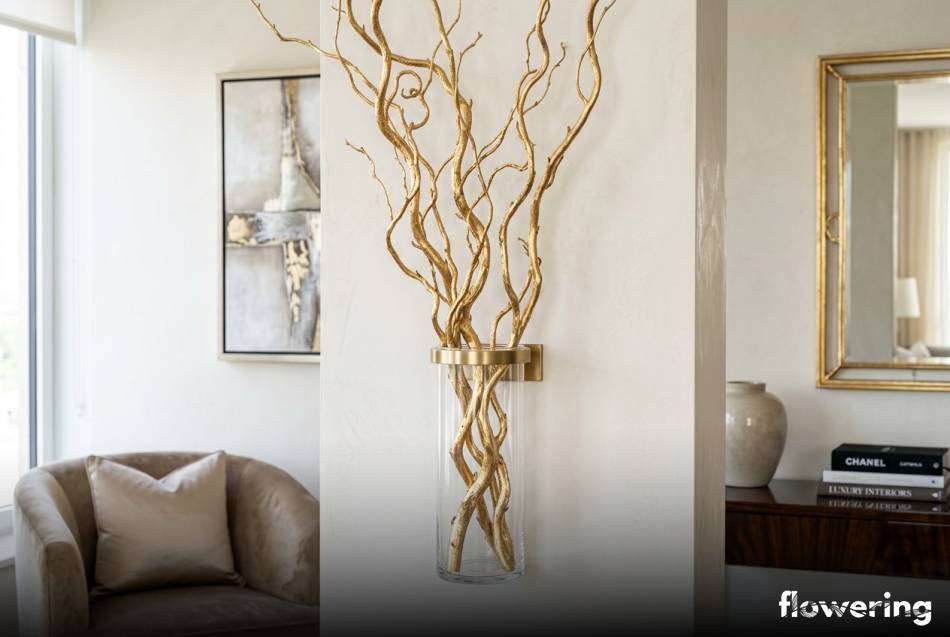 Złote gałęzie wierzby mandżurskiej w szklanej tubie ściennej