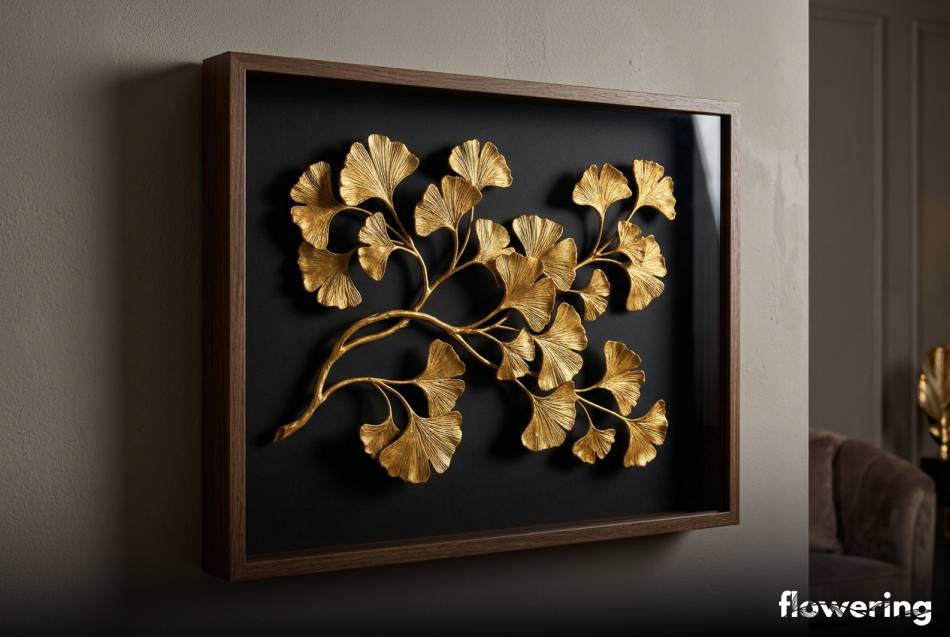 Złote liście miłorzębu w czarnej ramie przestrzennej