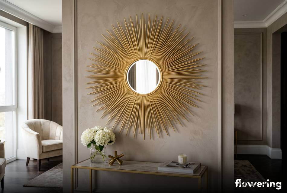 Złote lustro sunburst z drewnianych patyczków na eleganckiej ścianie