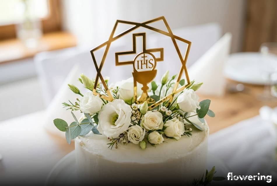 Złoty geometryczny topper i świeże kwiaty na białym torcie