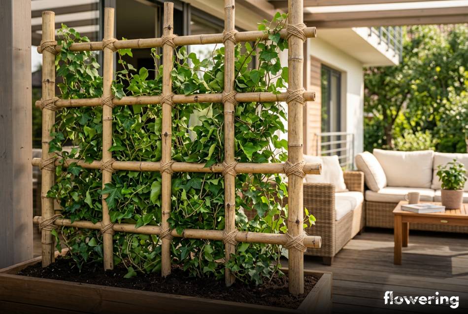 Żywy parawan z bambusa i bluszczu na tarasie