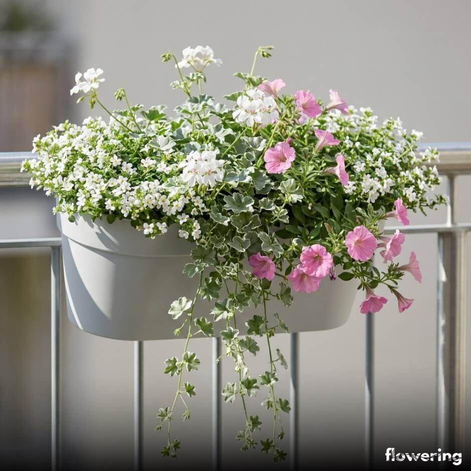 Wisząca donica z białą pelargonią, bakopą i różową surfinia na słonecznym balkonie