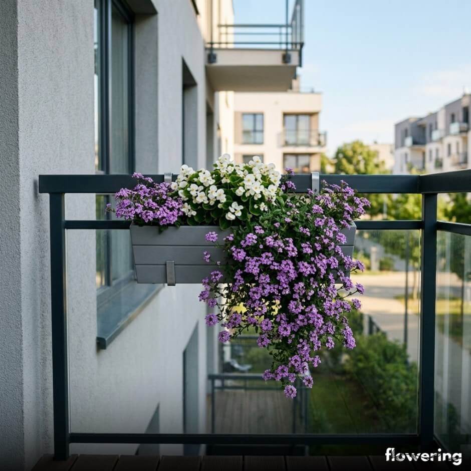 Biała begonia ze spływającą werbeną