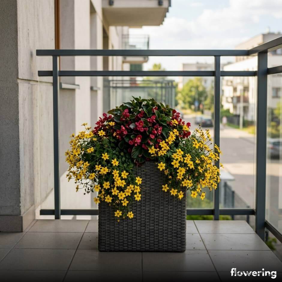 Bordowa begonia z żółtym bidensem