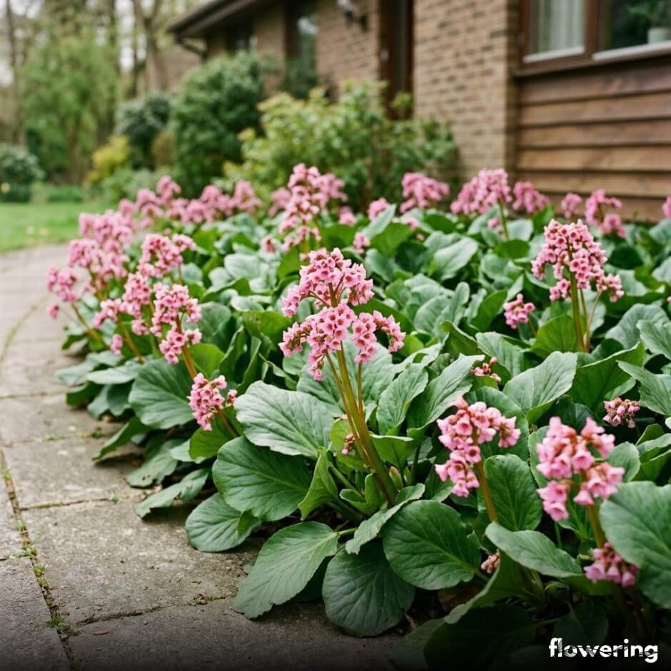 Bergenia sercolistna w cienistej rabacie