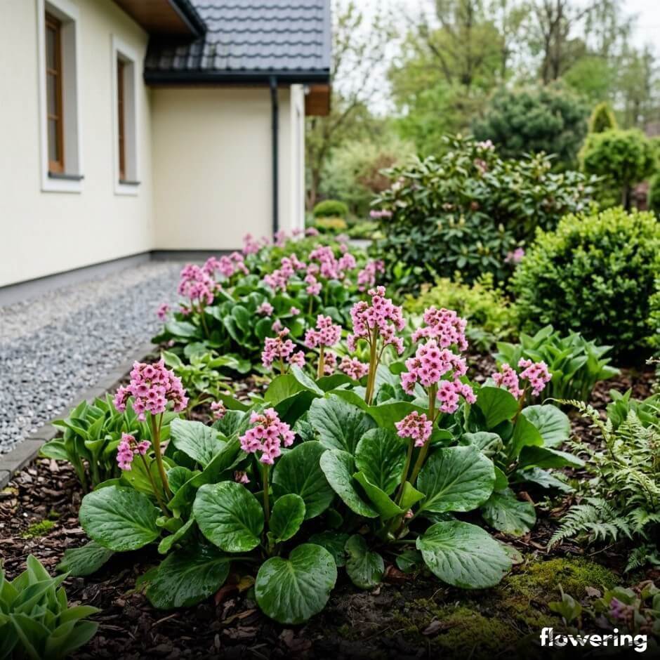 Bergenia sercowata z błyszczącymi liśćmi i różowymi kwiatami wiosną
